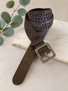 Brighton Brown Genuine Leather Belt Size 40 Ornate Silver Scroll Buckle B20598